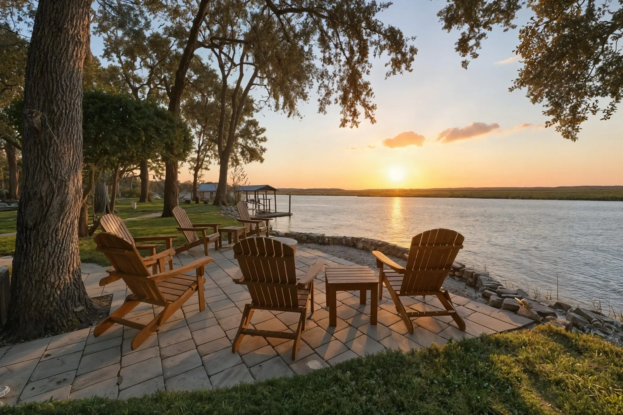 Marsh-front patio with Adirondack chairs at sunset in Brunswick, Georgia