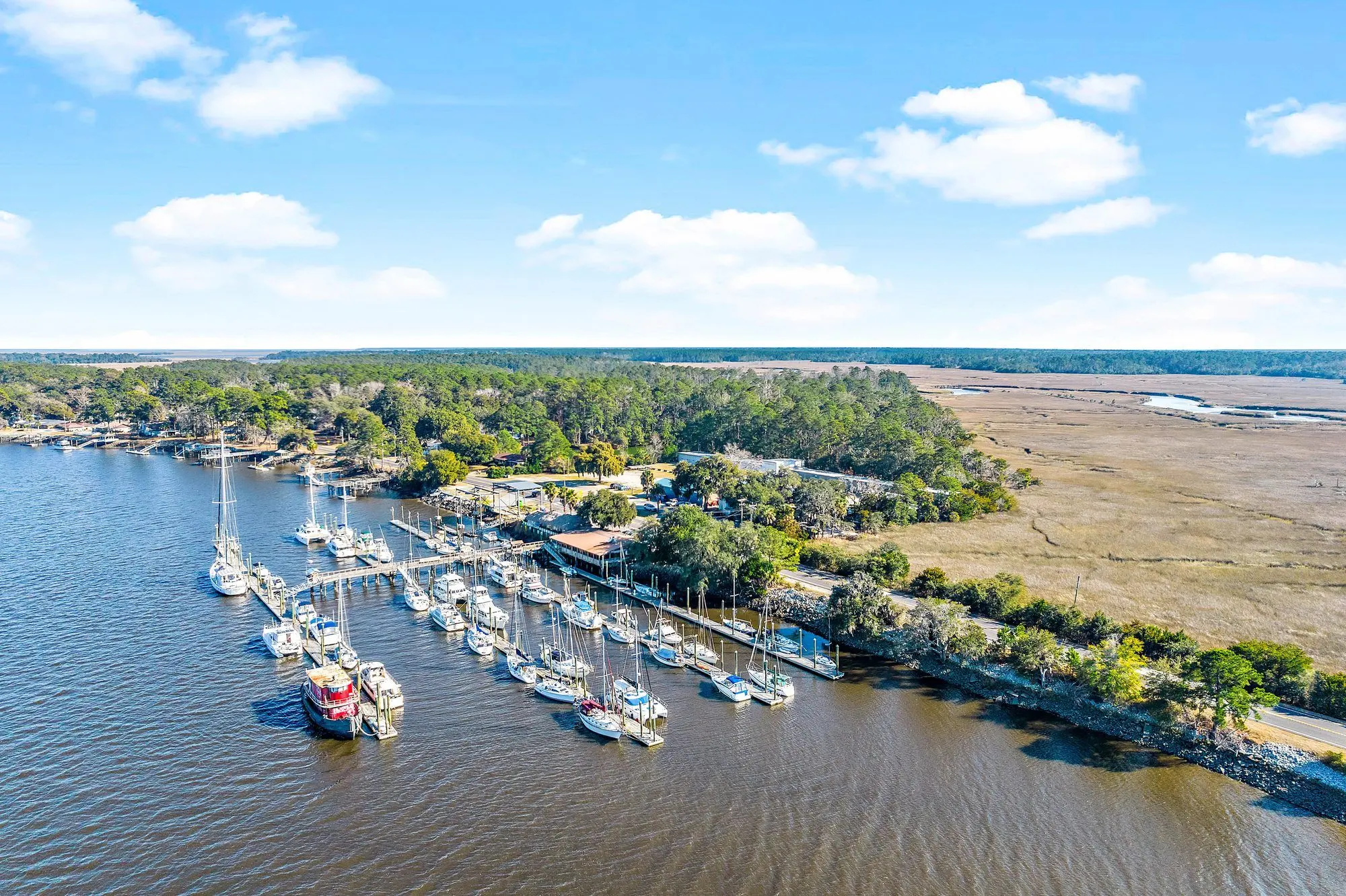 Aerial view of a marina and marsh in Richmond Hill, Georgia