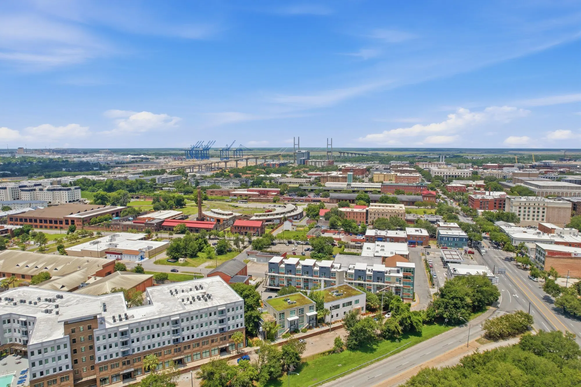 Aerial view of Savannah, Georgia, with the Talmadge Memorial Bridge and the river
